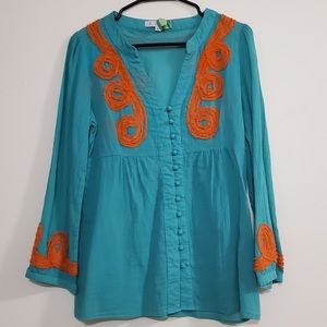 Lovely JoyJoy thin long sleeve teal with orange embroidery size S